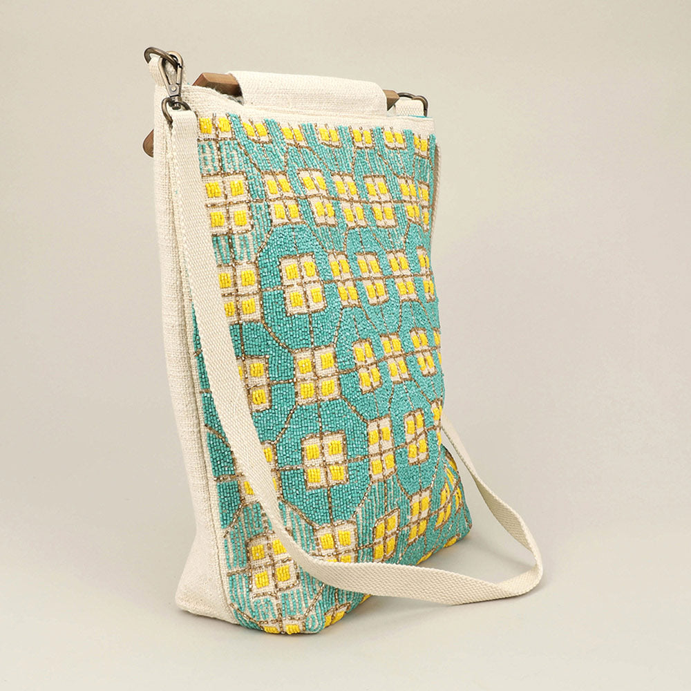 Handcrafted Beaded Boho Wooden Handle Tote / Crossbody Bag