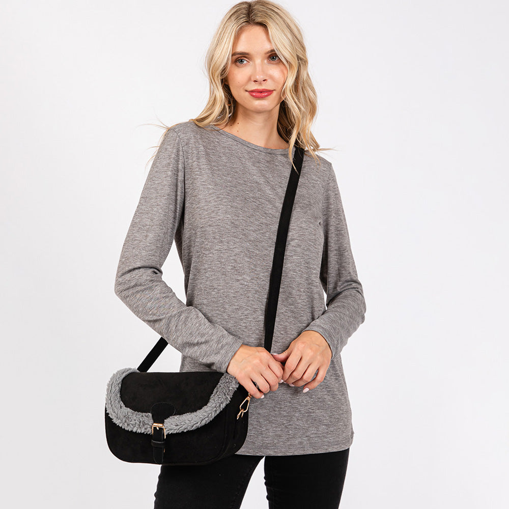 Fleece Trimmed Solid Crossbody Bag