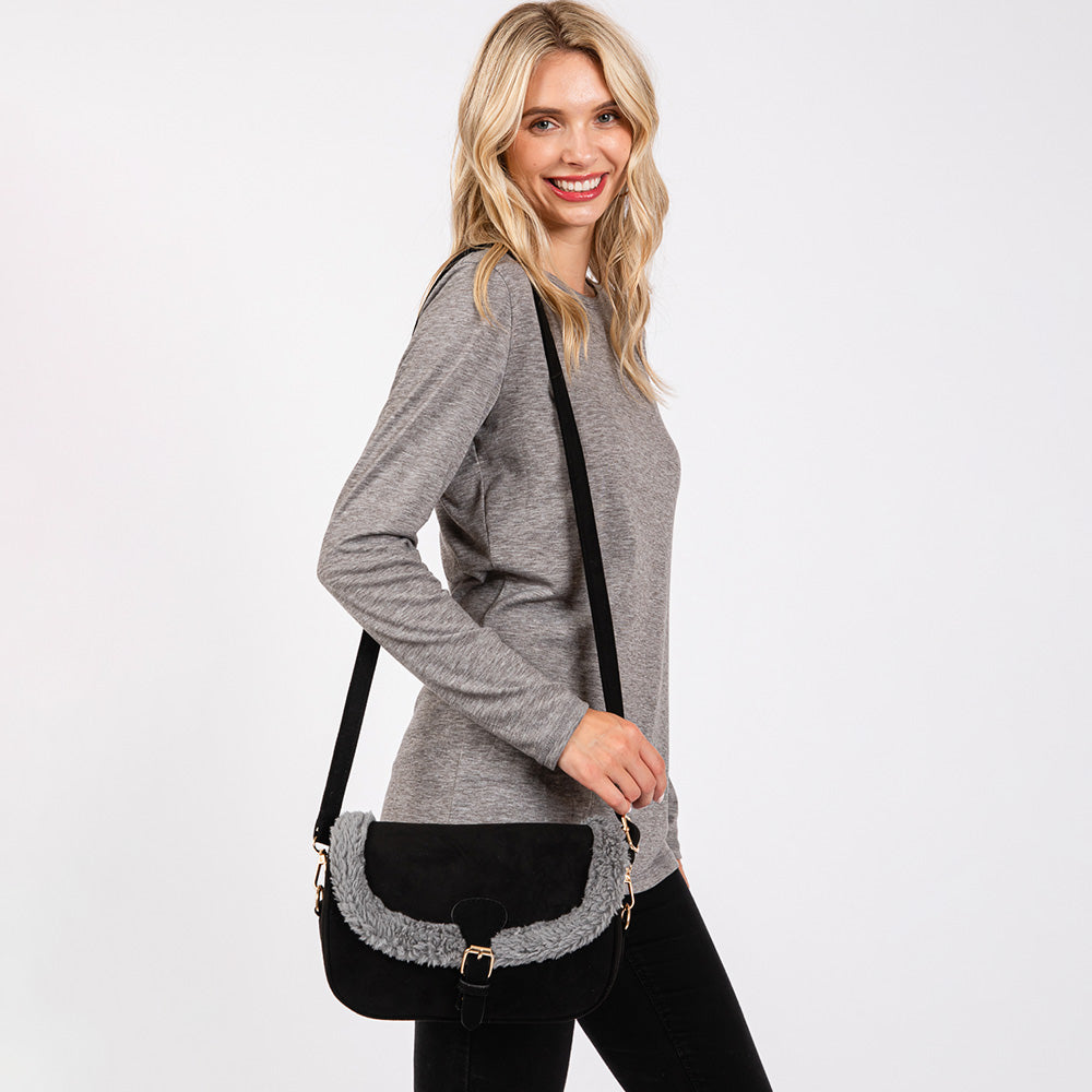 Fleece Trimmed Solid Crossbody Bag