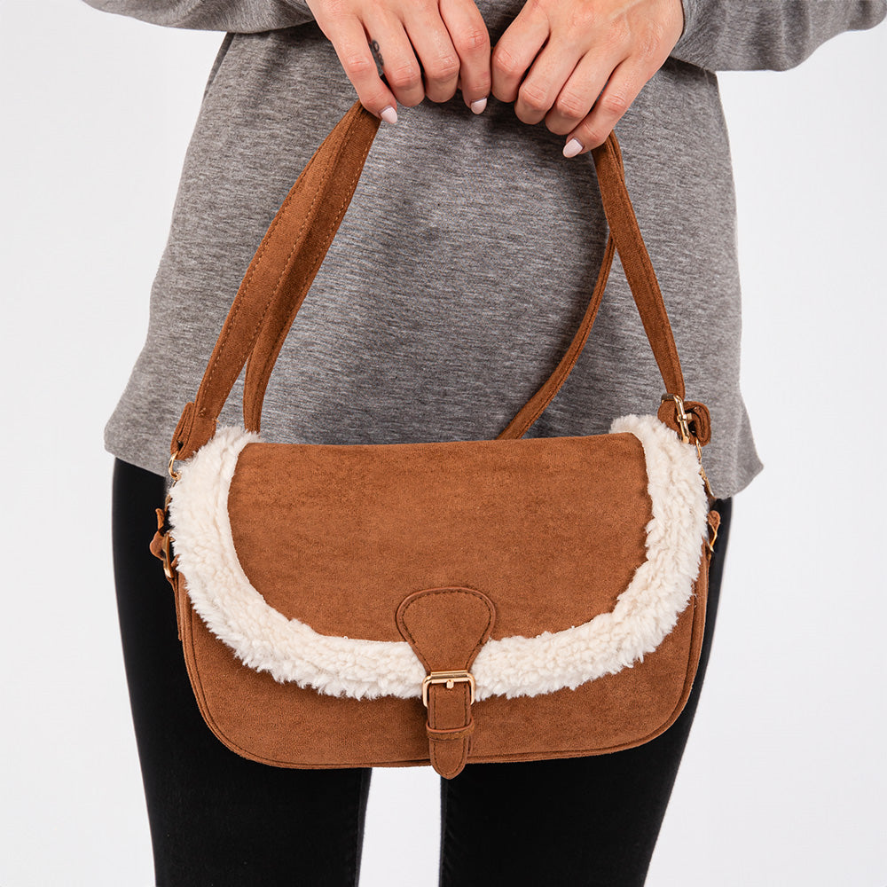 Fleece Trimmed Solid Crossbody Bag