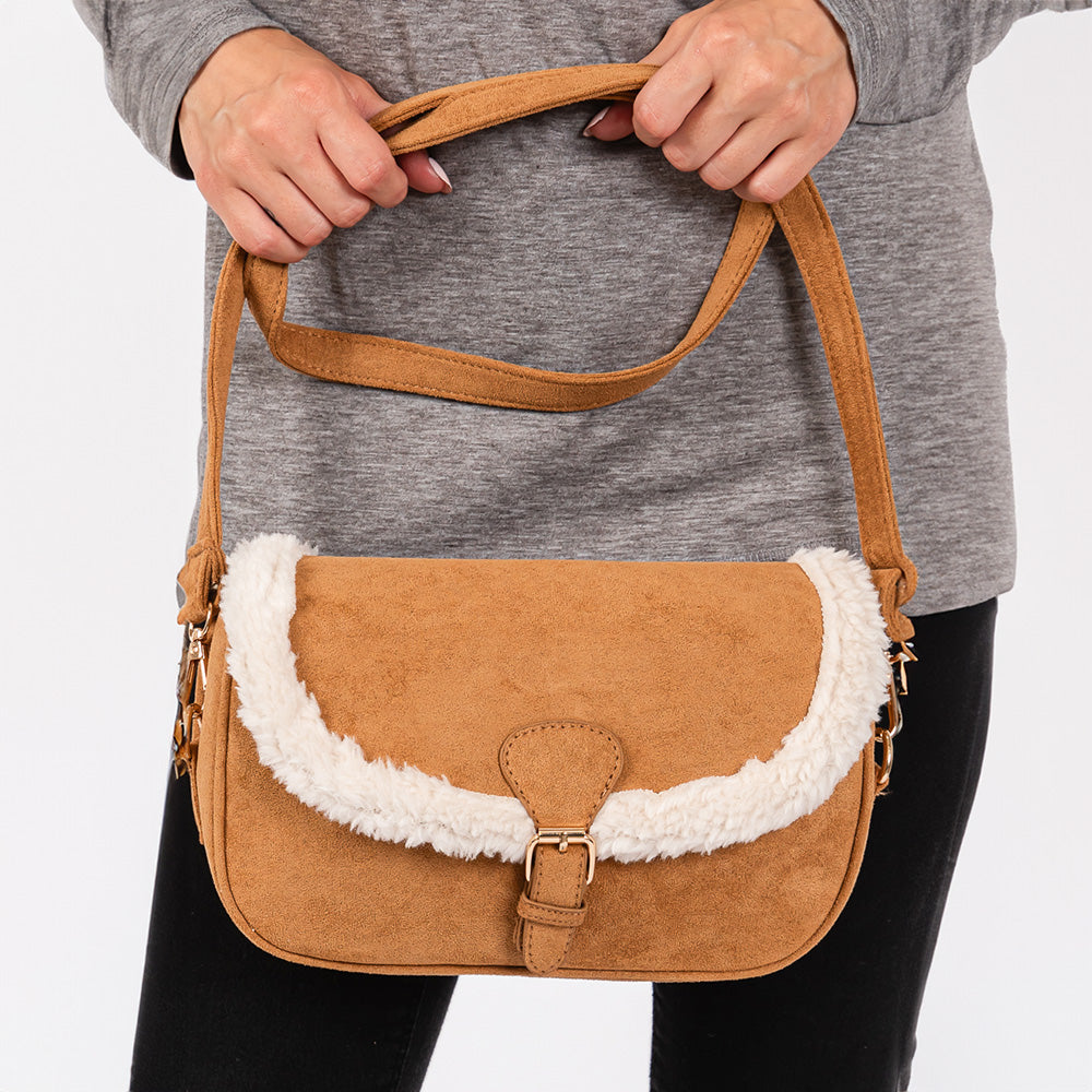 Fleece Trimmed Solid Crossbody Bag