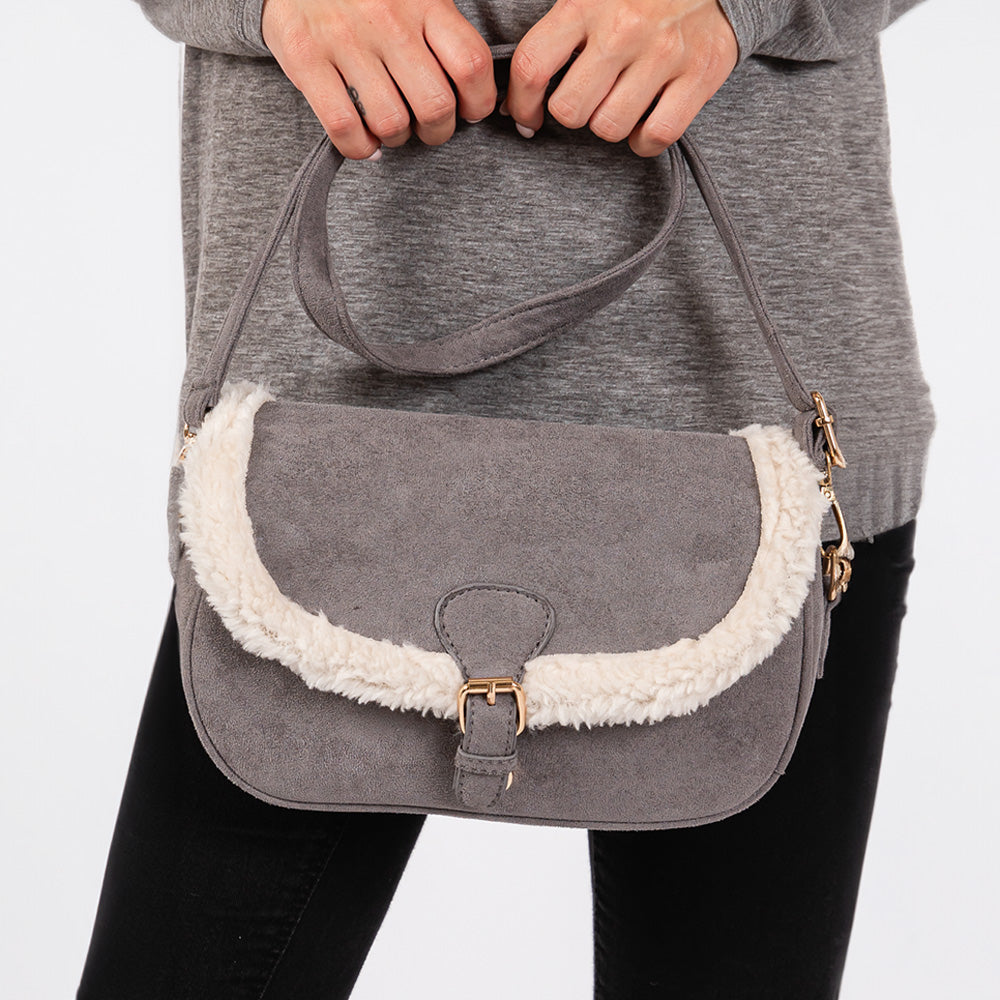 Fleece Trimmed Solid Crossbody Bag