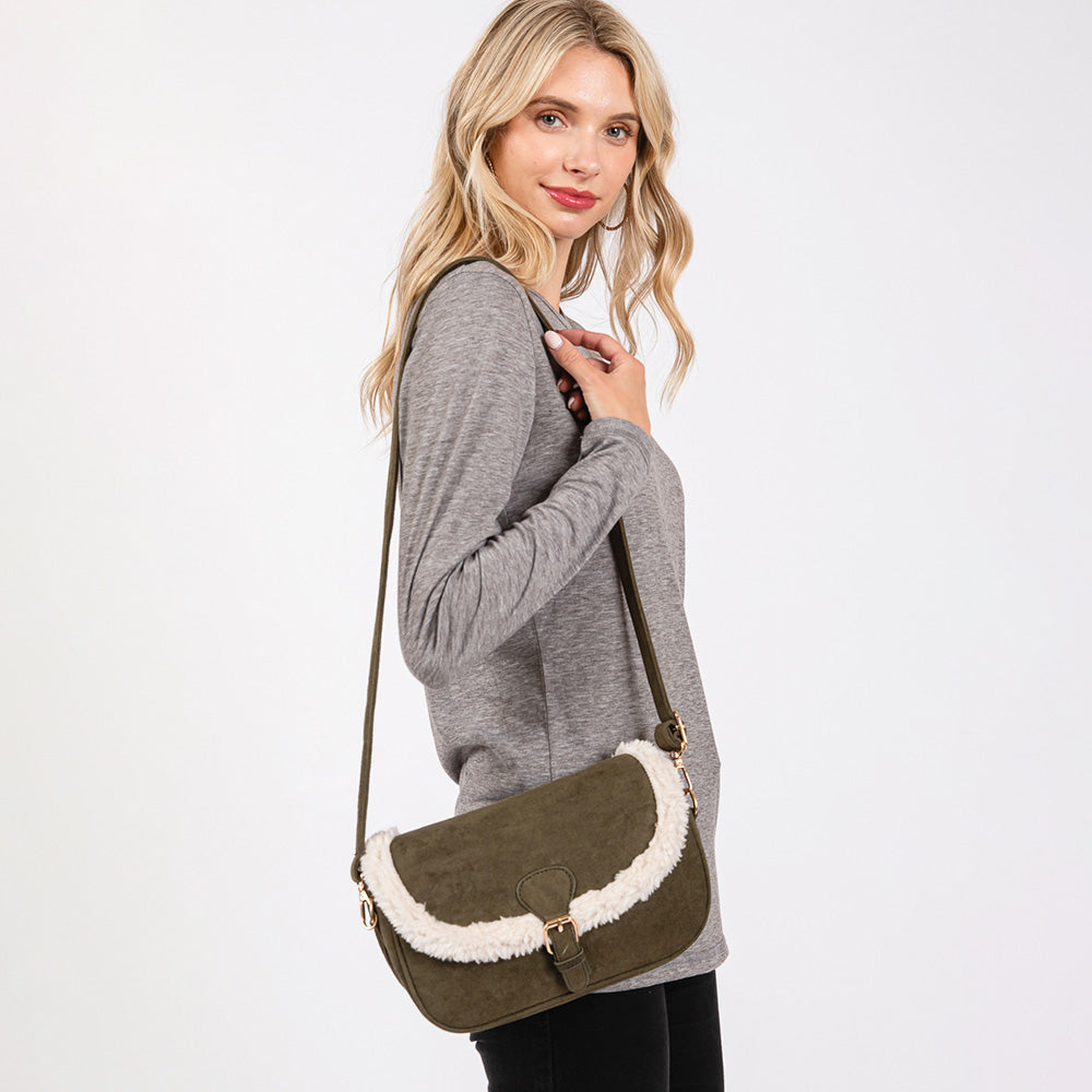 Fleece Trimmed Solid Crossbody Bag