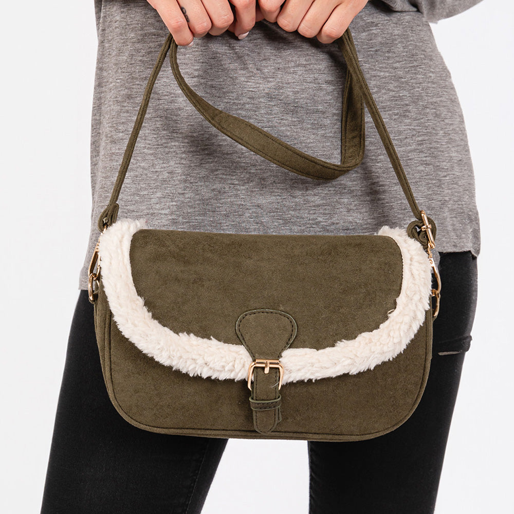 Fleece Trimmed Solid Crossbody Bag
