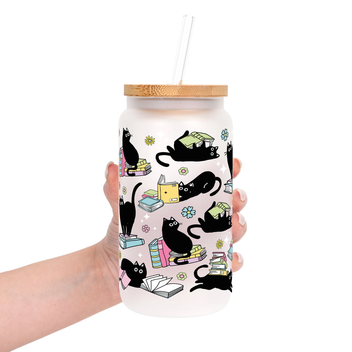 Black Cats on Books Glass Cups