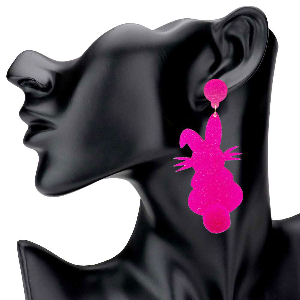 Glittered Resin Easter Bunny Pom Pom Tail Dangle Earrings