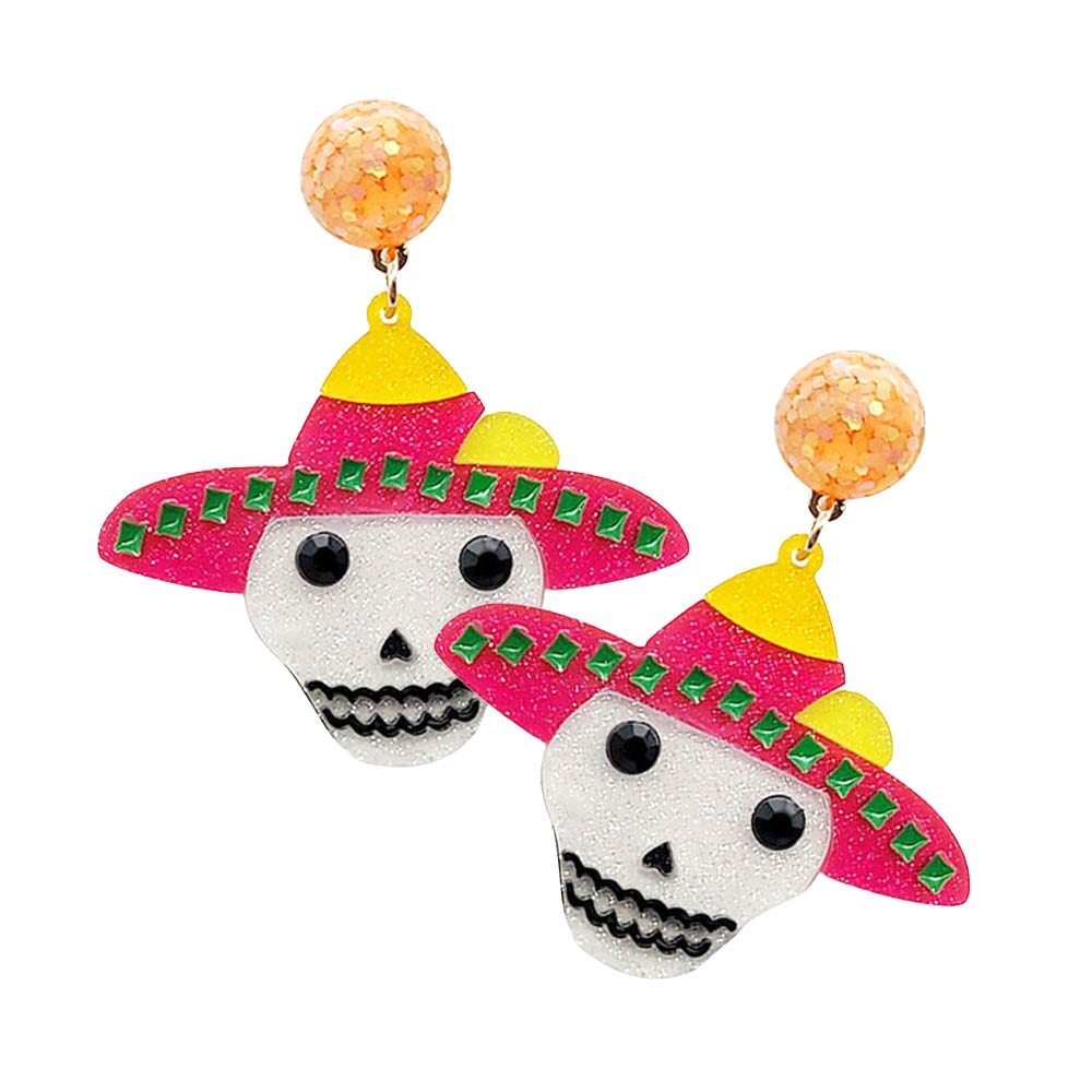 Glittered Resin Hat Skull Dangle Earrings