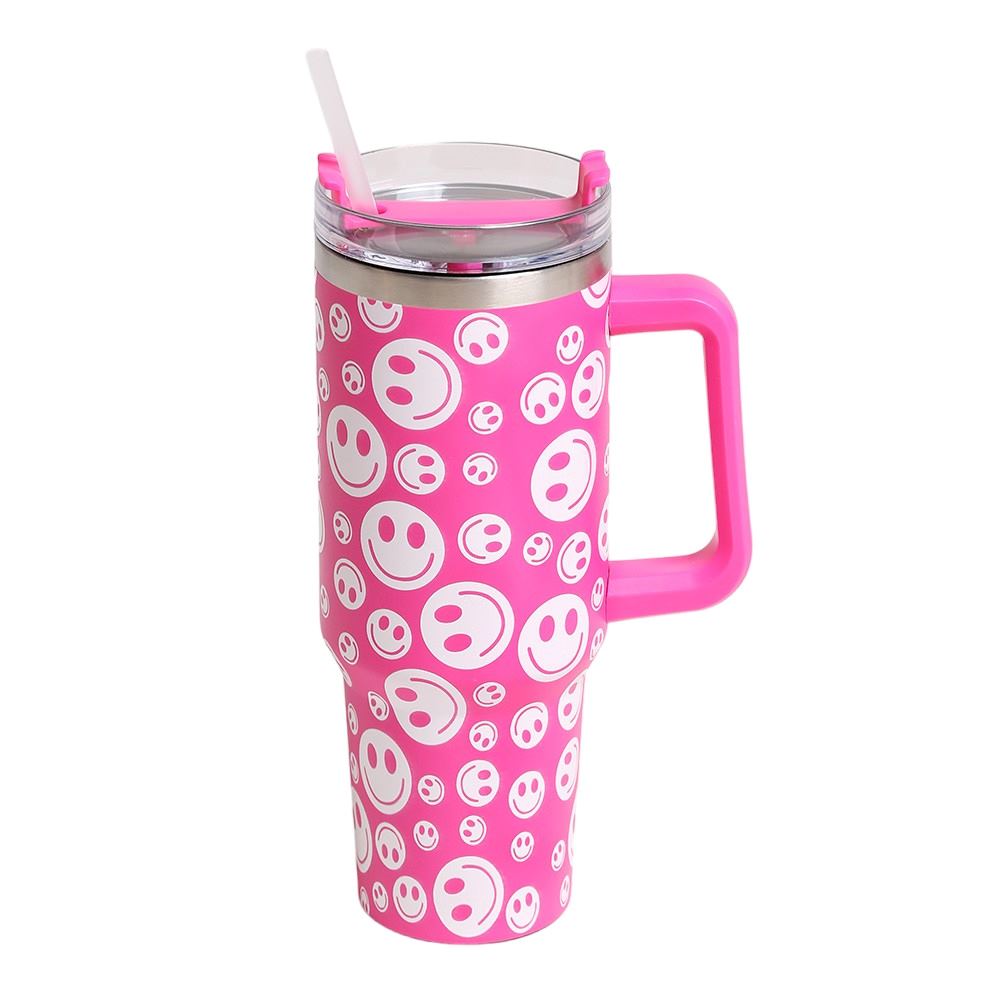 Happy Face Printed 40oz Stainless Steel Tumbler With Handle