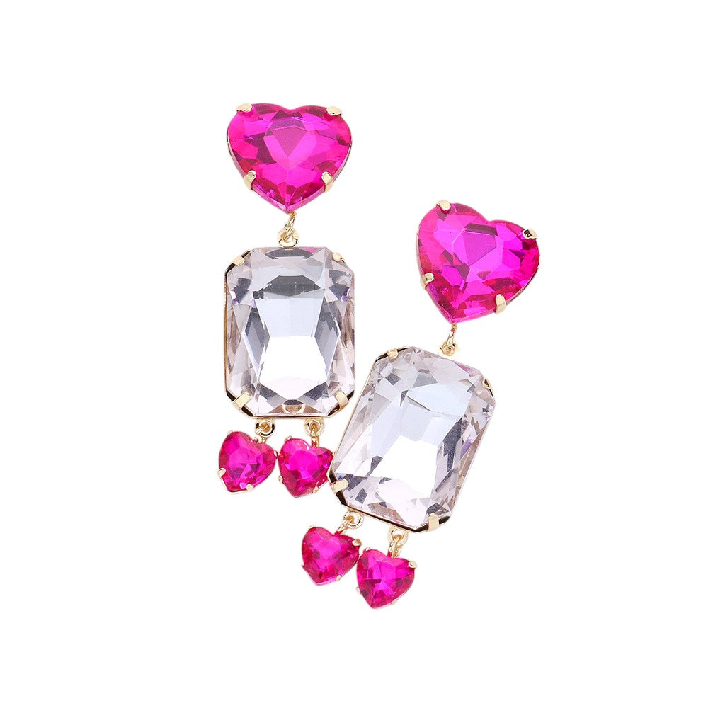 Heart Emerald Cut Stone Link Dangle Evening Earrings
