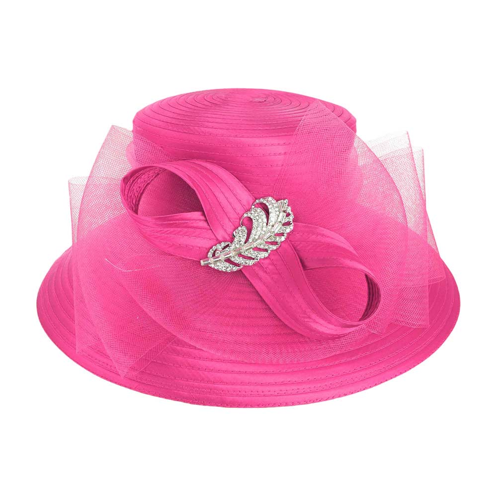 Rhinestone Embellished Feather Accented Mesh Bow Dressy Hat