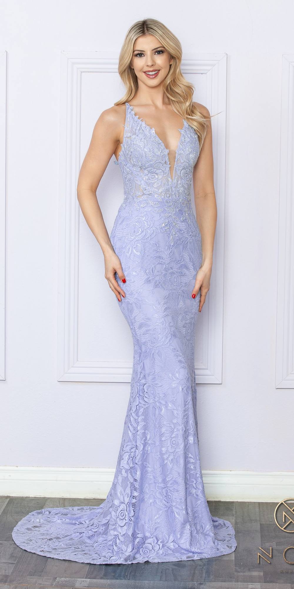 Nox Anabel G1353 Vestido largo de noche estilo bohemio sirena con cuello en V bordado