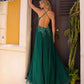 Nox Anabel G1405 Vestido de Gala Largo Corte A de Tul Brillante con Cuello Cuadrado y Espalda Abierta