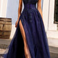 Nox Anabel G1405 Vestido de Gala Largo Corte A de Tul Brillante con Cuello Cuadrado y Espalda Abierta