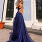 Nox Anabel G1405 Vestido de Gala Largo Corte A de Tul Brillante con Cuello Cuadrado y Espalda Abierta