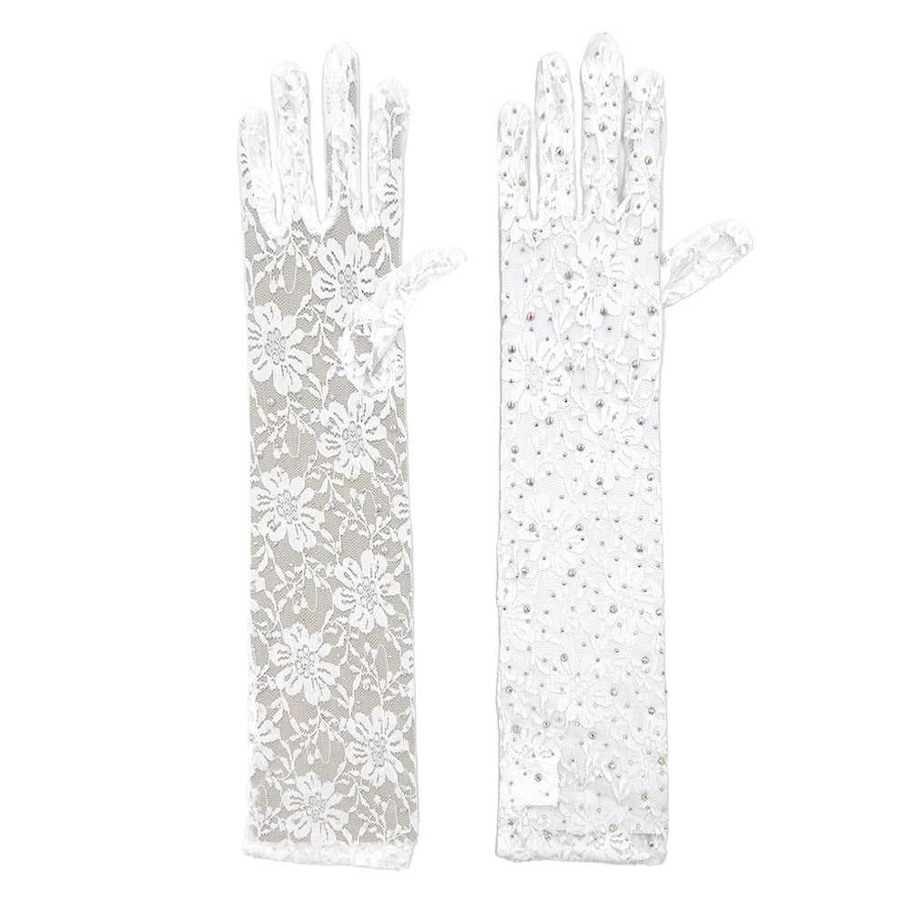 Stone Embellished Floral Lace Dressy Long Wedding Gloves