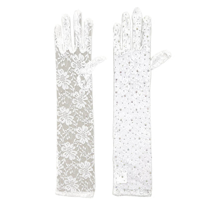 Stone Embellished Floral Lace Dressy Long Wedding Gloves
