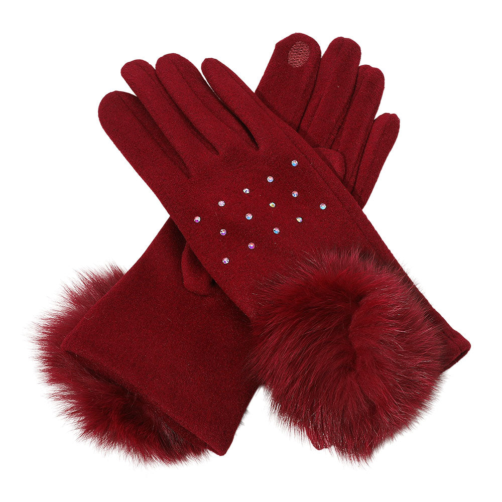 Faux Fur Cuff Pom Rhinestone Embellished Smart Touch Winter Gloves