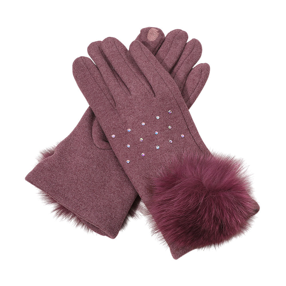 Faux Fur Cuff Pom Rhinestone Embellished Smart Touch Winter Gloves