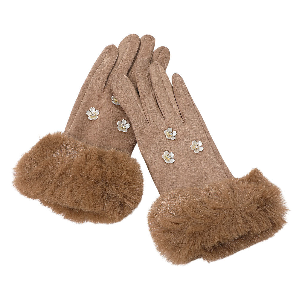 Rhinestone Flower Embellished Faux Fur Cuff Smart Touch Winter Gloves