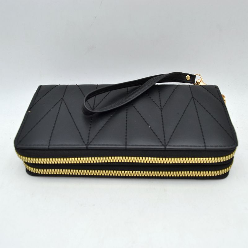 Geometric Stitched Double Zipper Wallet with Wristlet Strap