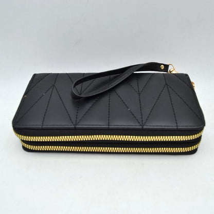 Geometric Stitched Double Zipper Wallet with Wristlet Strap