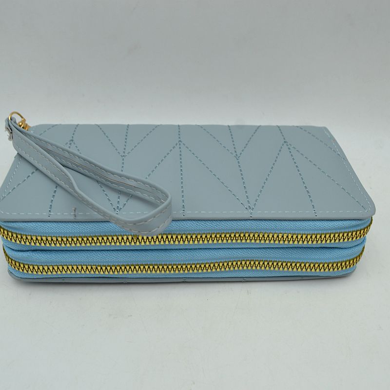 Geometric Stitched Double Zipper Wallet with Wristlet Strap