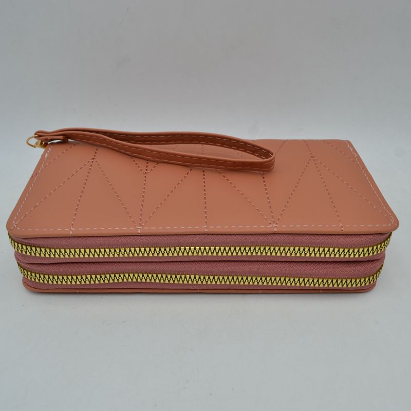 Geometric Stitched Double Zipper Wallet with Wristlet Strap
