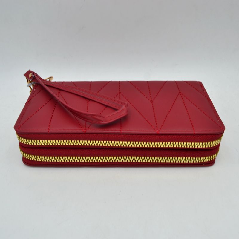 Geometric Stitched Double Zipper Wallet with Wristlet Strap