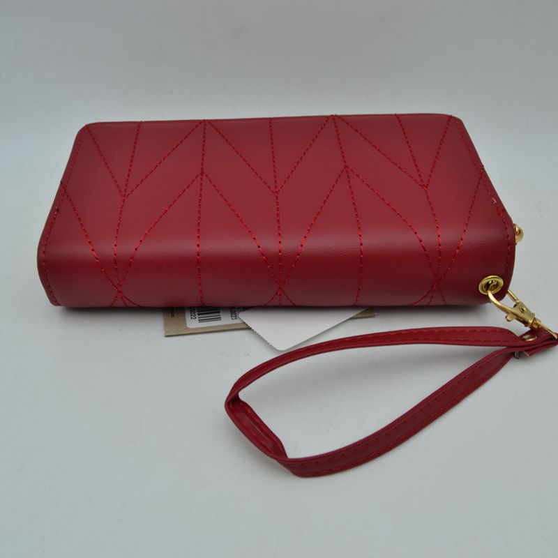 Geometric Stitched Double Zipper Wallet with Wristlet Strap