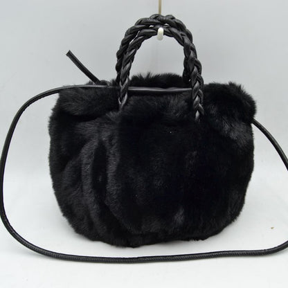Plush Faux Fur Bucket Handbag with Braided Handles and Long Strap