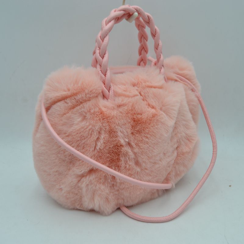 Plush Faux Fur Bucket Handbag with Braided Handles and Long Strap