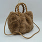 Plush Faux Fur Bucket Handbag with Braided Handles and Long Strap