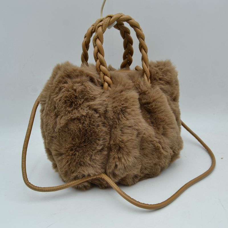 Plush Faux Fur Bucket Handbag with Braided Handles and Long Strap