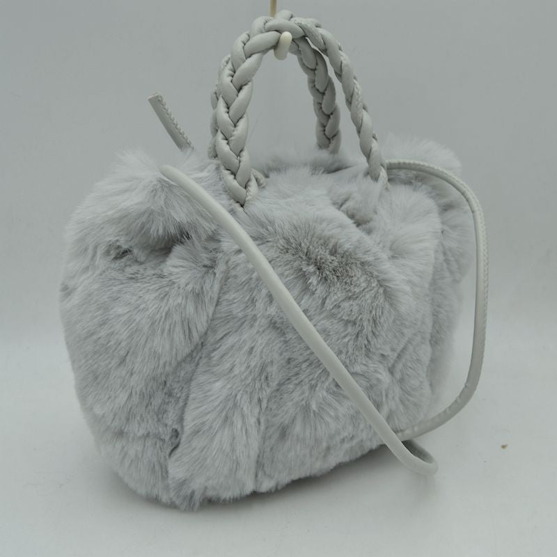 Plush Faux Fur Bucket Handbag with Braided Handles and Long Strap