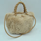 Plush Faux Fur Bucket Handbag with Braided Handles and Long Strap