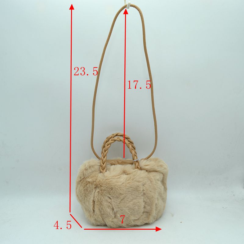 Plush Faux Fur Bucket Handbag with Braided Handles and Long Strap
