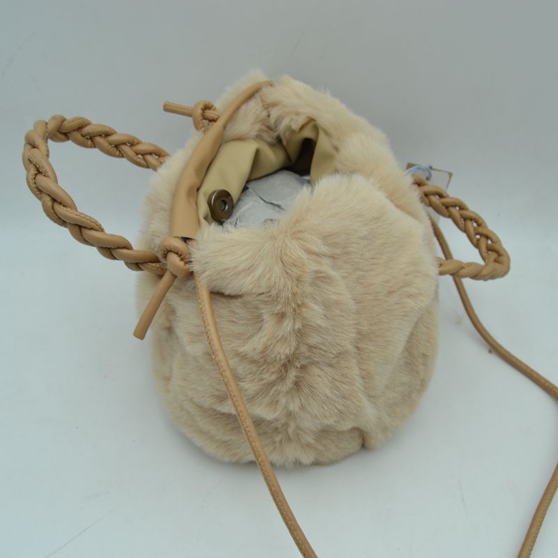 Plush Faux Fur Bucket Handbag with Braided Handles and Long Strap