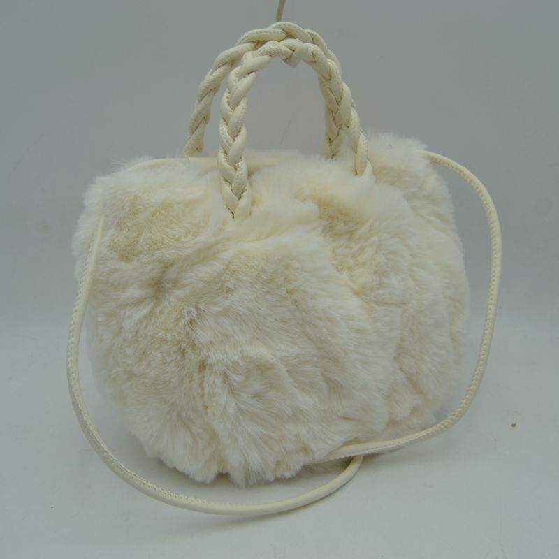 Plush Faux Fur Bucket Handbag with Braided Handles and Long Strap