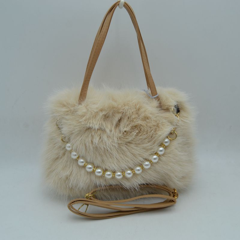 Plush Faux Fur Handbag with Pearl Bead Accent and Dual Straps