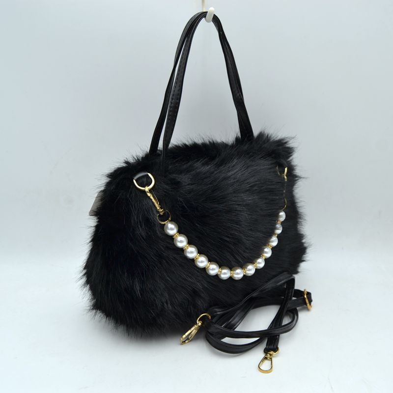 Plush Faux Fur Handbag with Pearl Bead Accent and Dual Straps