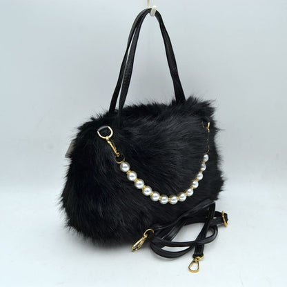 Plush Faux Fur Handbag with Pearl Bead Accent and Dual Straps