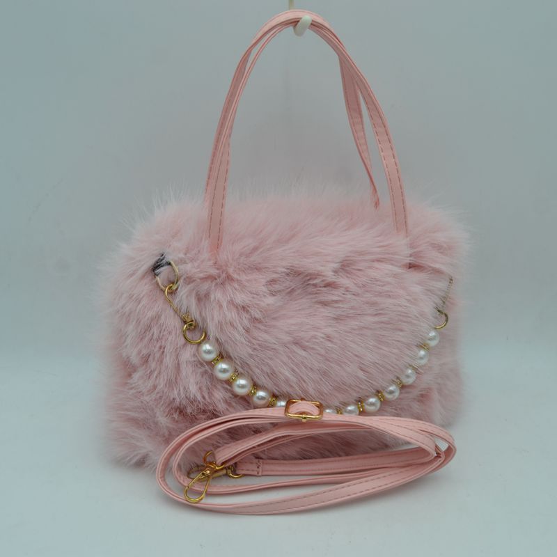Plush Faux Fur Handbag with Pearl Bead Accent and Dual Straps