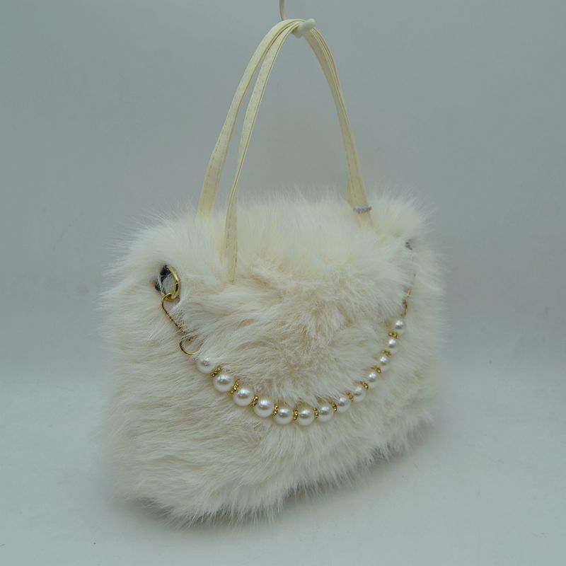 Plush Faux Fur Handbag with Pearl Bead Accent and Dual Straps