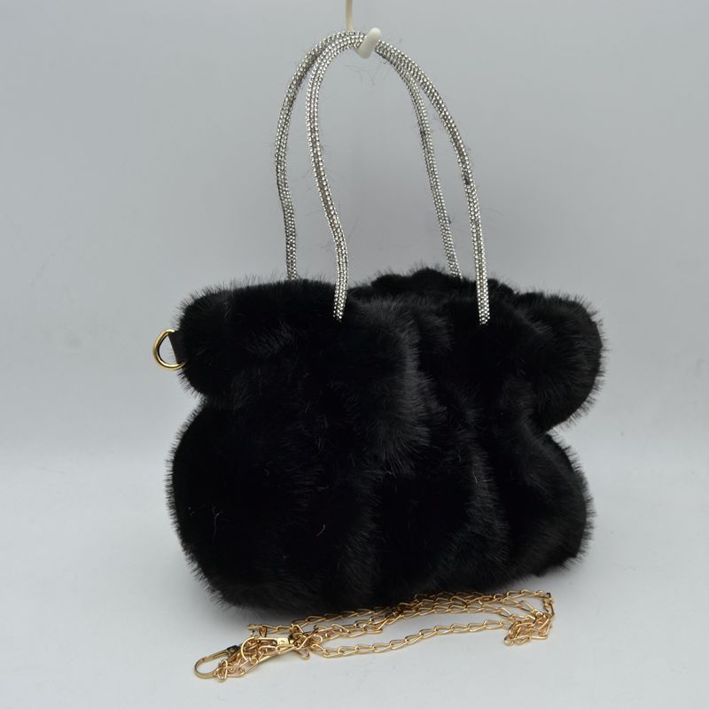 Plush Faux Fur Handbag with Rhinestone Handles and Chain Strap