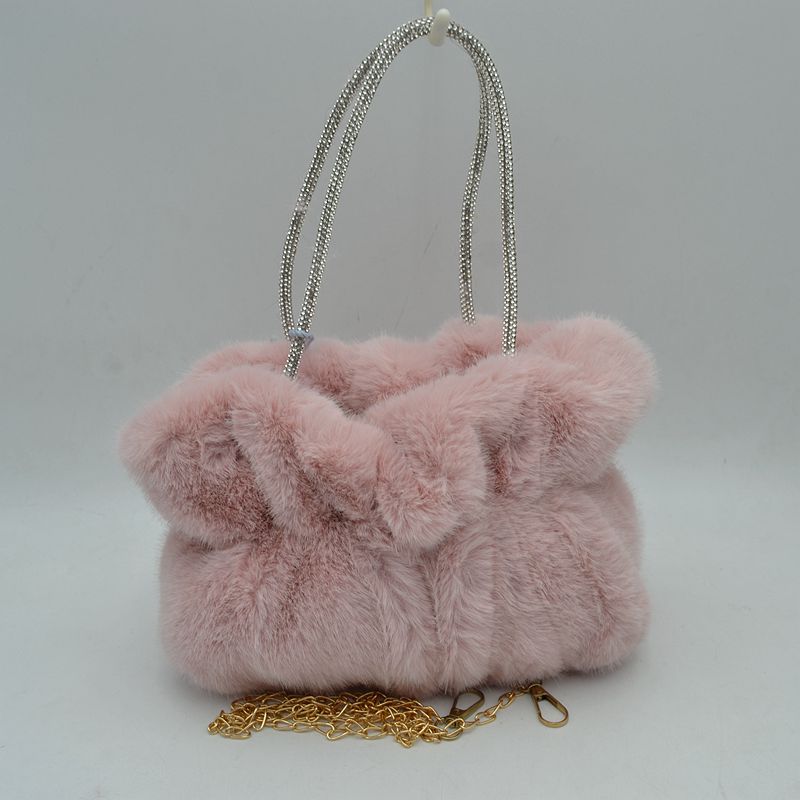 Plush Faux Fur Handbag with Rhinestone Handles and Chain Strap