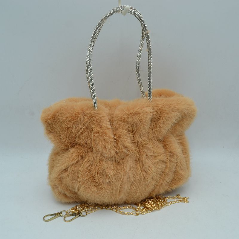 Plush Faux Fur Handbag with Rhinestone Handles and Chain Strap