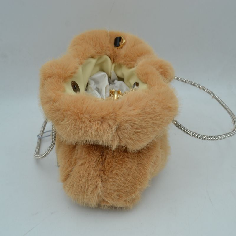 Plush Faux Fur Handbag with Rhinestone Handles and Chain Strap