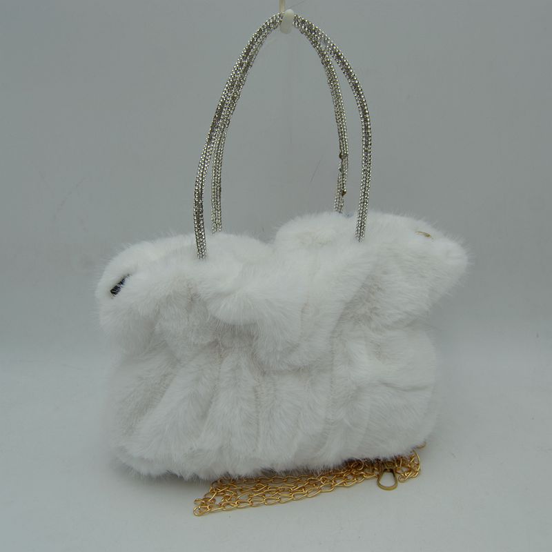Plush Faux Fur Handbag with Rhinestone Handles and Chain Strap
