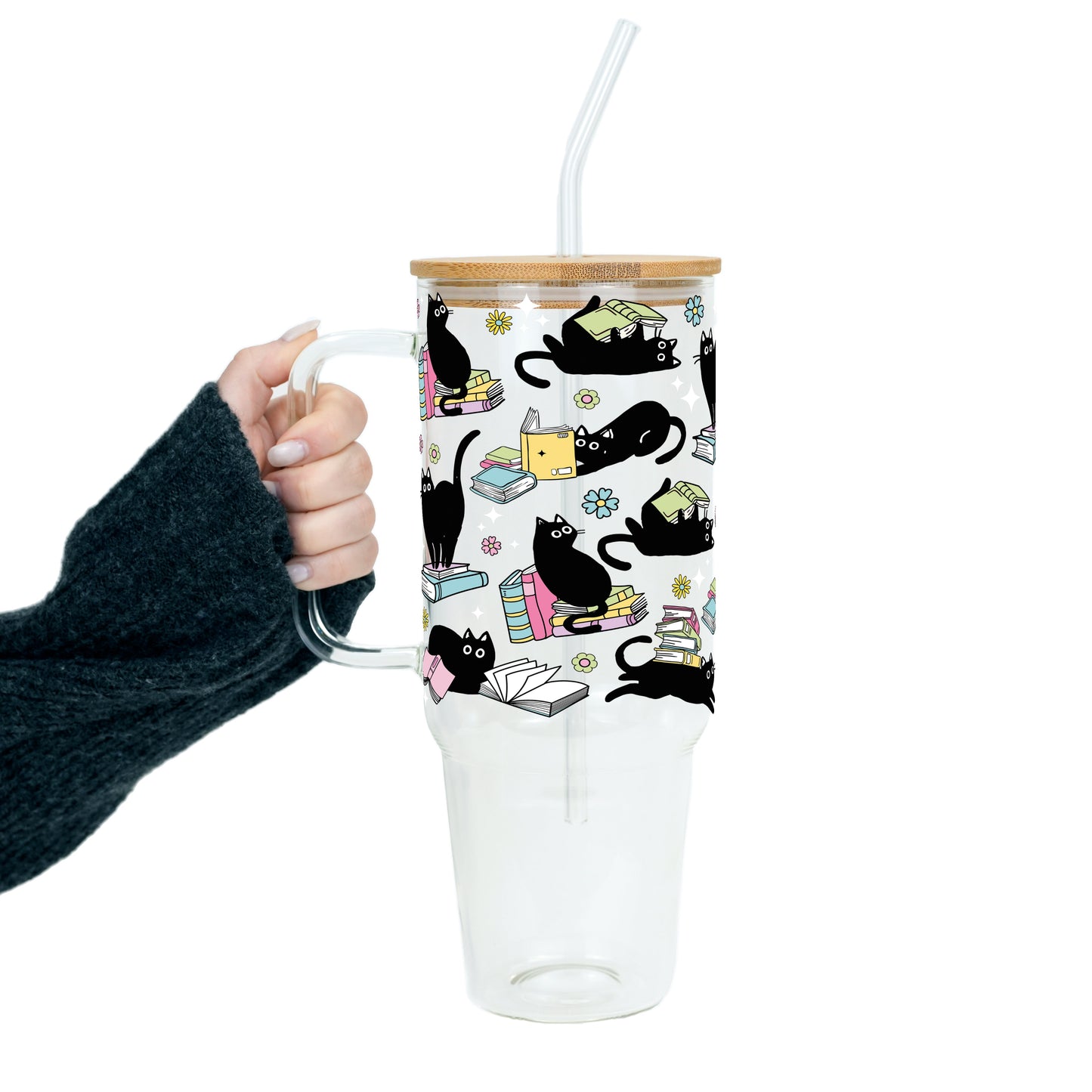 Black Cats on Books Glass Cups
