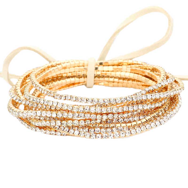 12PCS Ribbon Colorful Rhinestone Layered Stretch Bracelets